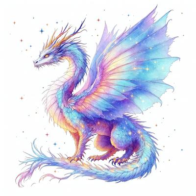 The primary subject of the image is a colorful dragon, which is the main focus of the scene. The dragon is depicted in a vibrant and lively manner, with its long tail and wings spread out. The setting is a white background, which provides a clean and uncluttered environment for the dragon to be displayed. The visual style of the image is digital art, as it is a well-crafted and detailed illustration. The dominant colors in the image are blue, purple, and orange, creating a sense of energy and excitement.